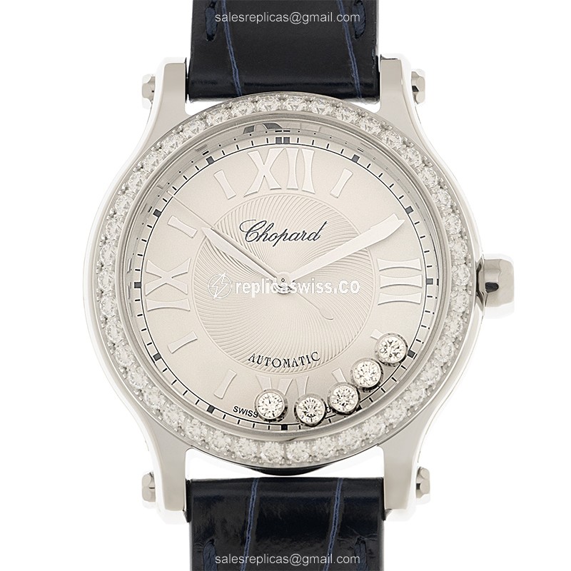 Chopard Happy Sport Replica - Automatic - Stainless Steel & Diamonds - Silver Dial - Blue Alligator Strap
